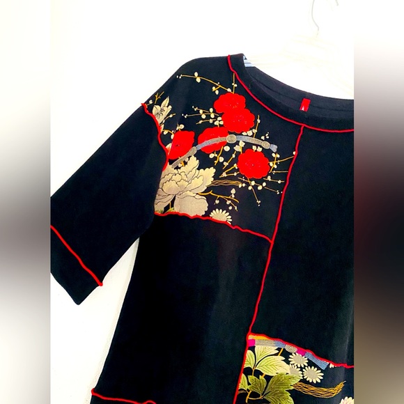 IC Connie K Lagenlook Asian Print Top Asymmetrical Artsy Black Red Blouse - Picture 4 of 9